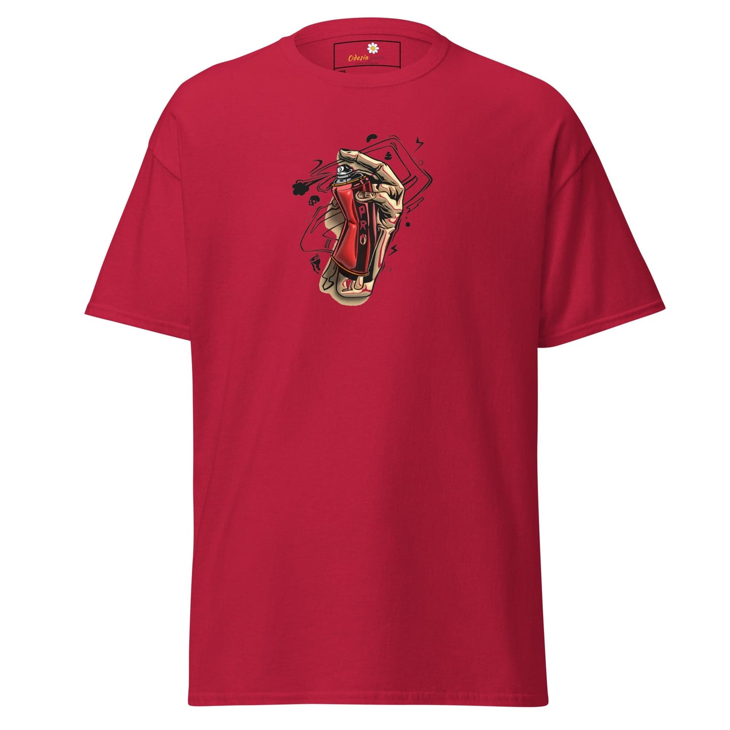 Red graphic t-shirt.