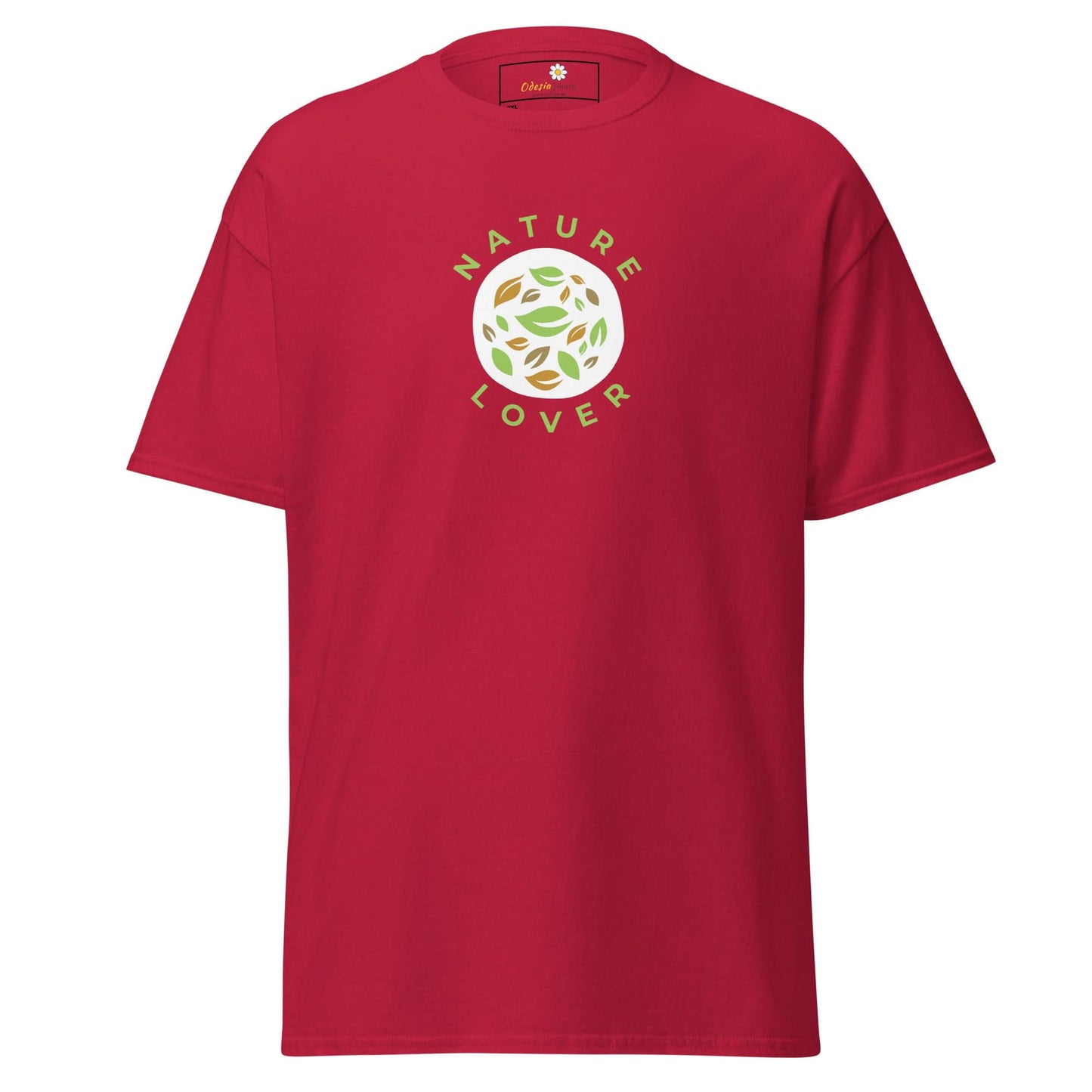 Red t-shirt with nature design.