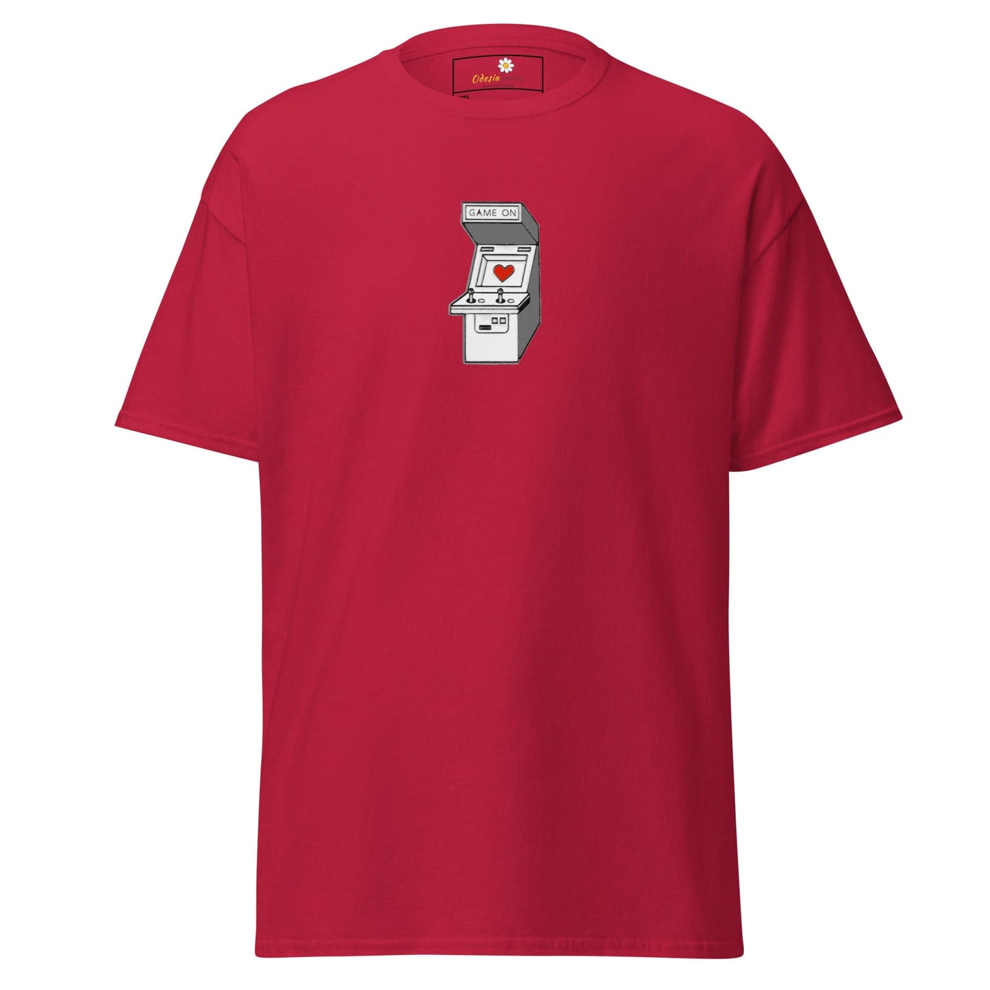 Red T-shirt featuring arcade game graphic, suitable for men and women, Plus Size options available