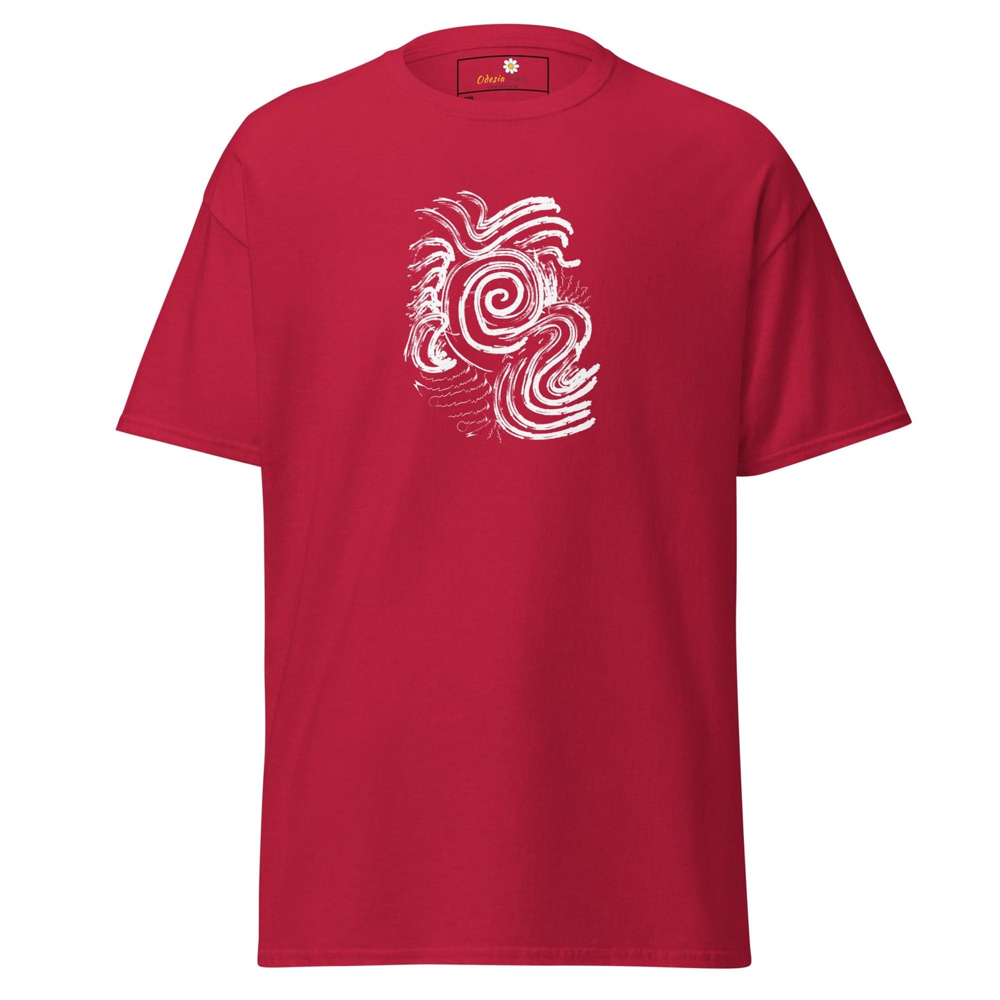 Red T-shirt with white abstract design from T-SHIRT DESIGN TEE for Men and Women in 2XL to 5XL