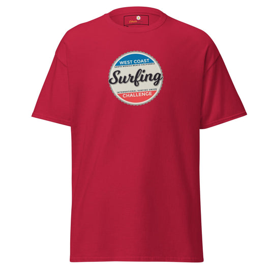 Red t-shirt with surfing graphic.