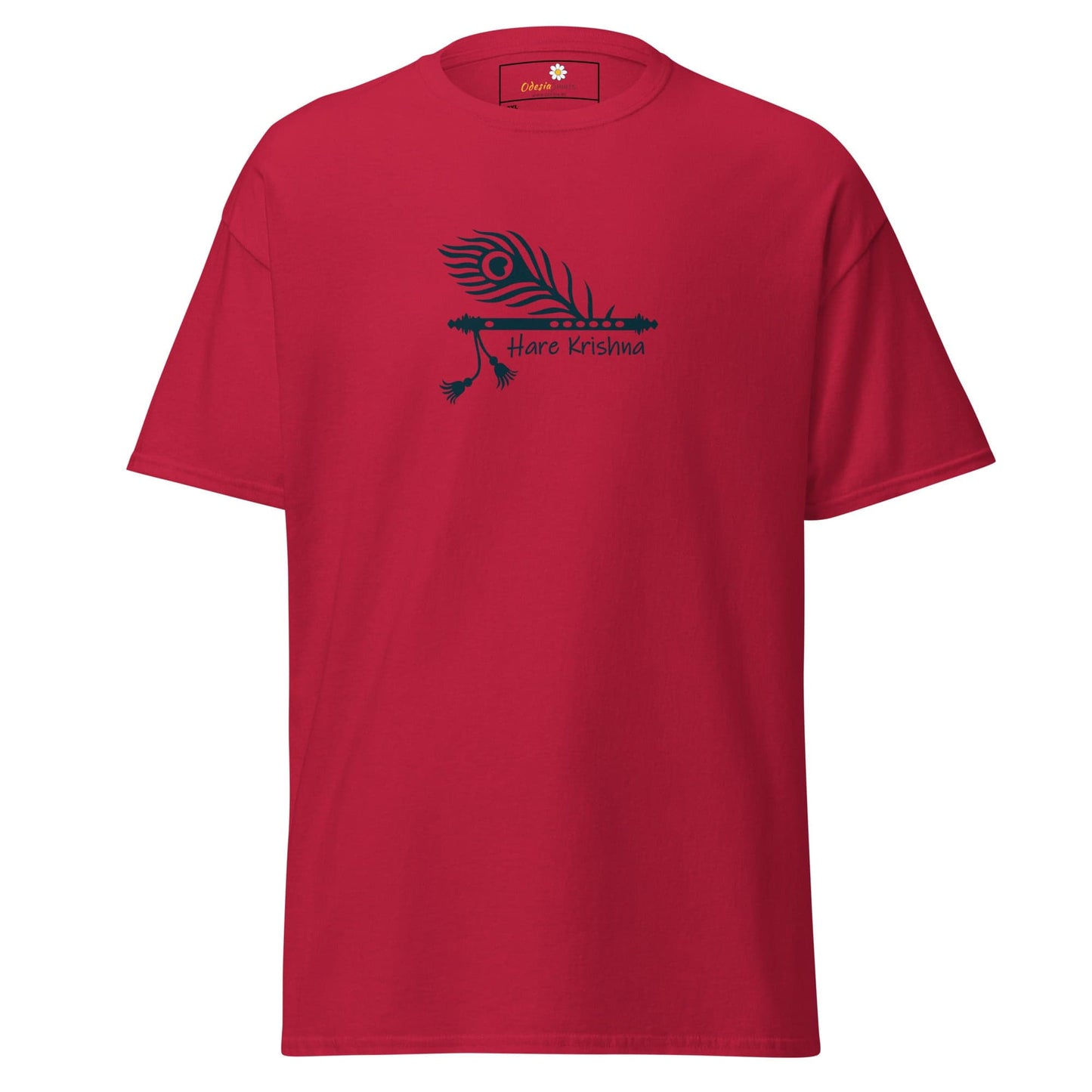 Red T-shirt featuring a peacock feather and flute design for Men and Women in 2XL to 5XL