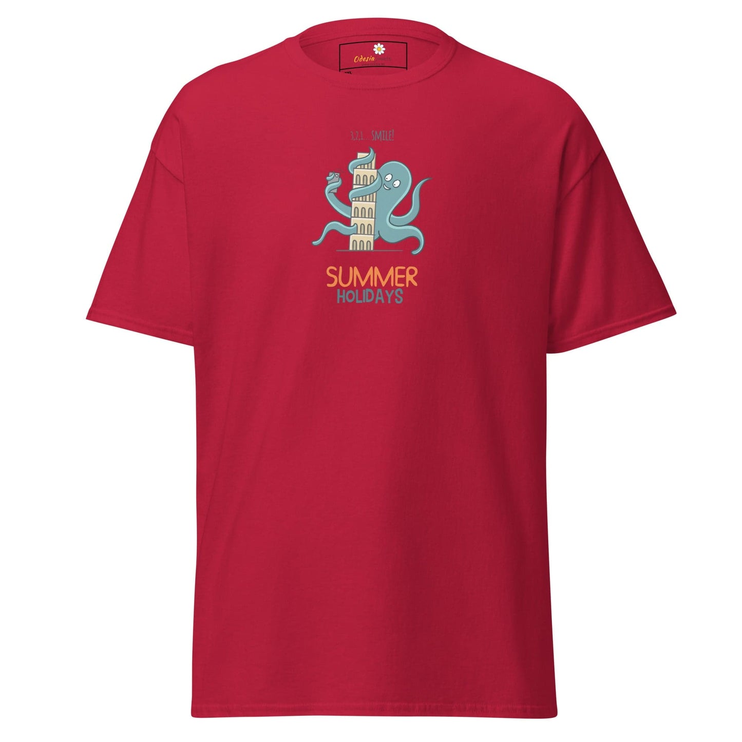 Red t-shirt with cartoon octopus.