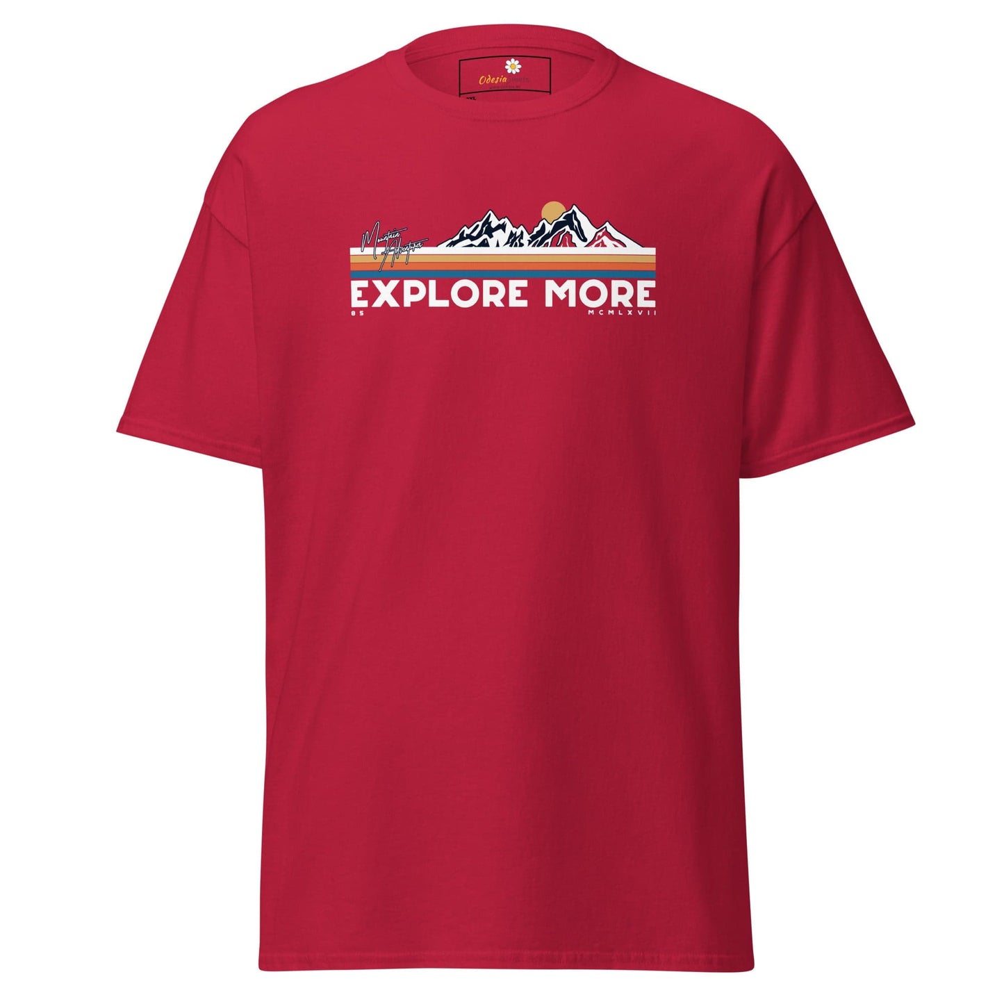 Red t-shirt with mountain graphic.