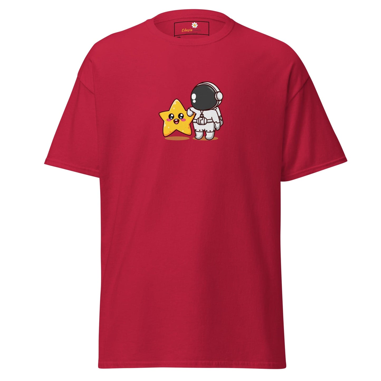 Red t-shirt with astronaut and star graphic.
