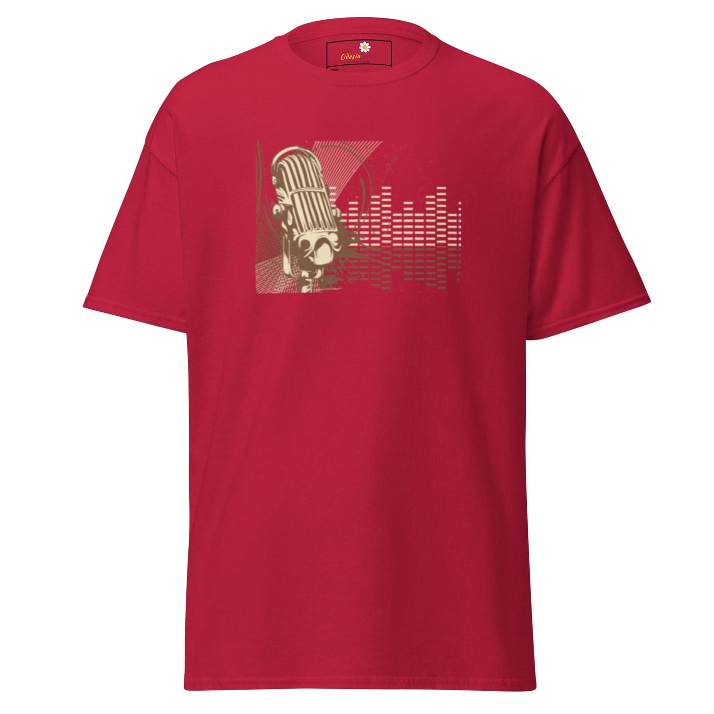 Red T-shirt with microphone graphic for men and women, available in 2XL to 5XL sizes