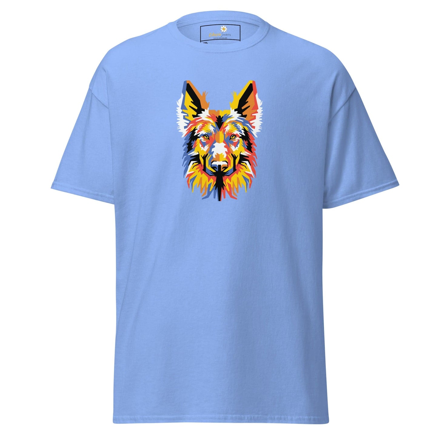 Light blue T-shirt with colorful dog graphic for men and women in 2XL to 5XL sizes