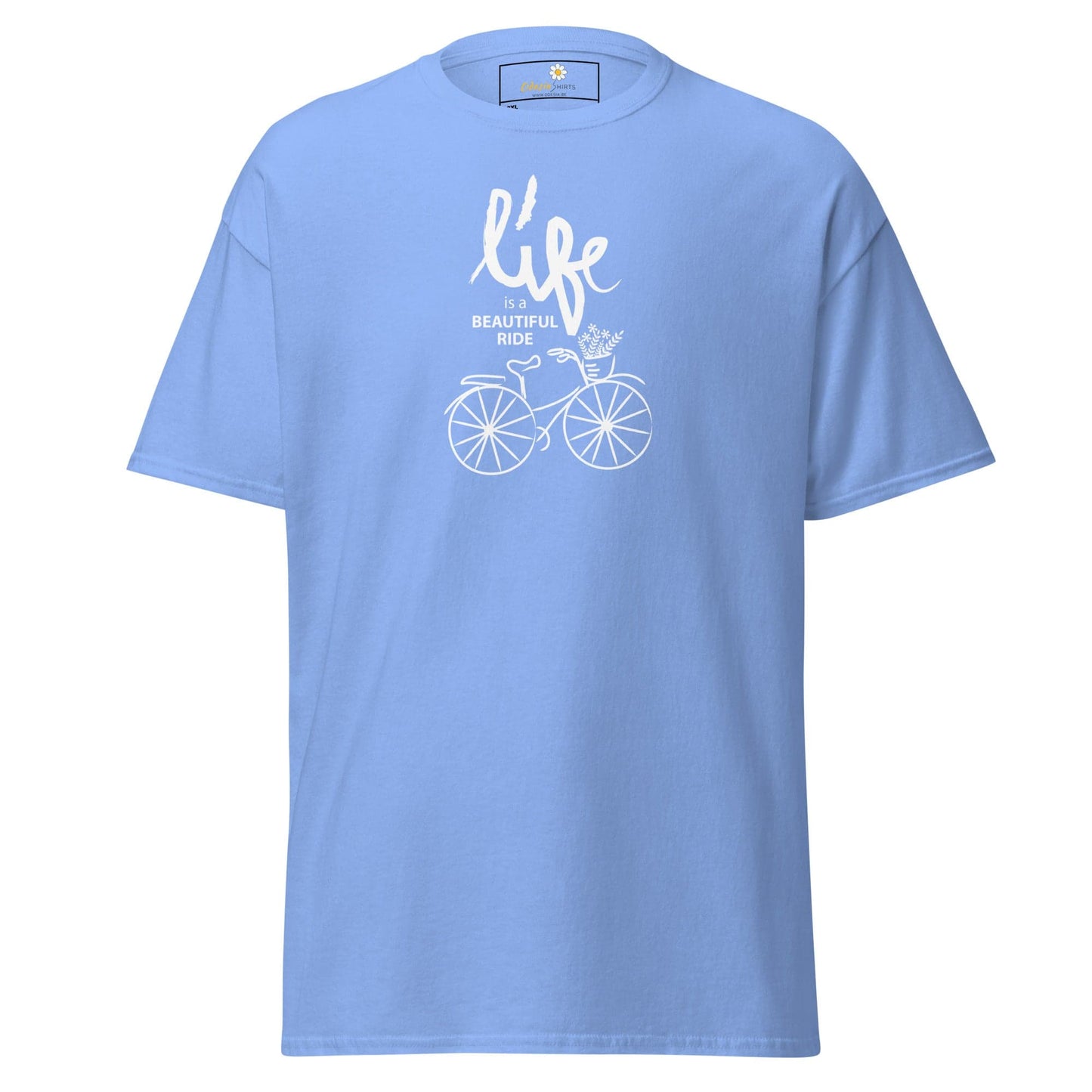 Light blue T-shirt with bicycle graphic, available in men’s and women’s sizes 2XL to 5XL