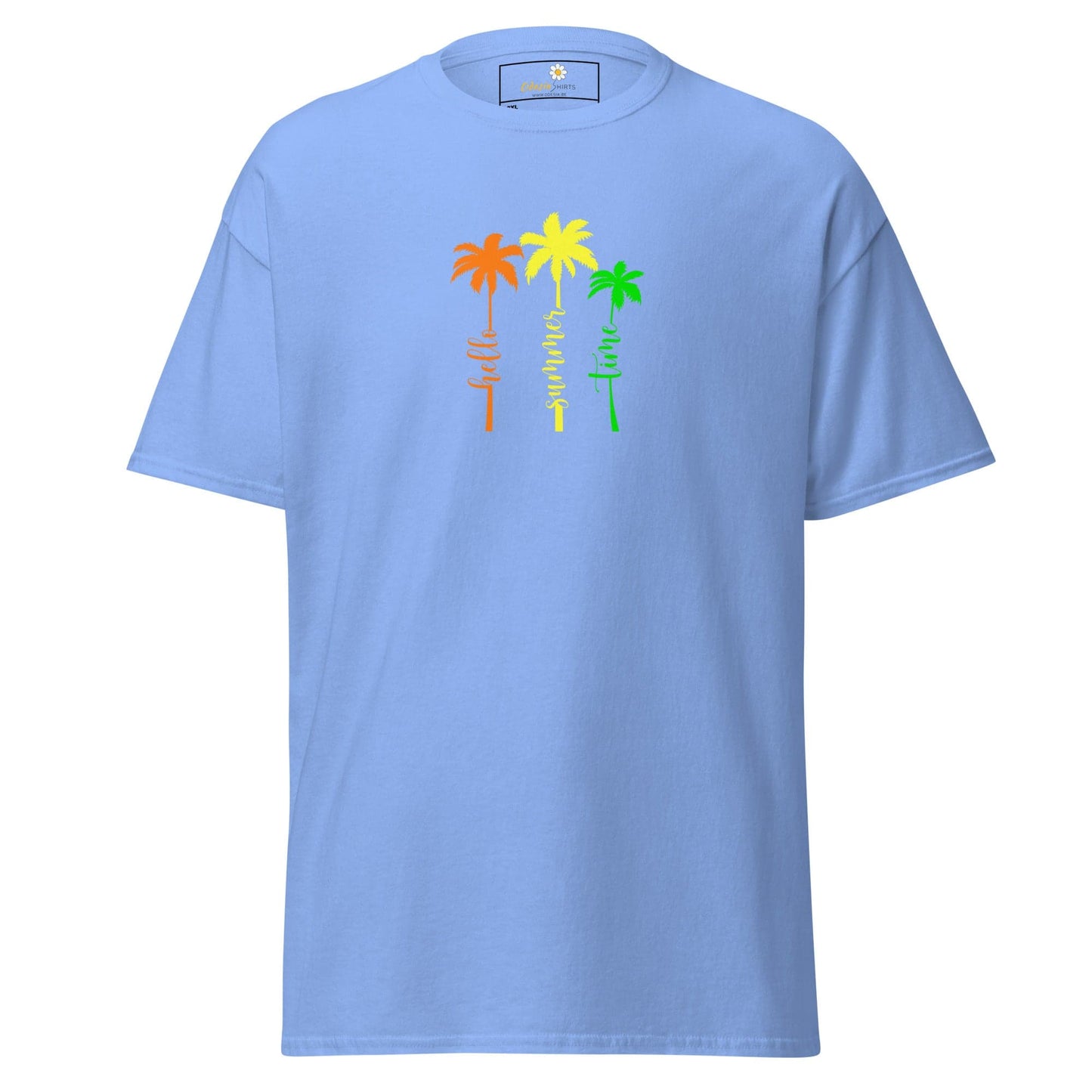 Light blue t-shirt with colorful palm tree design.