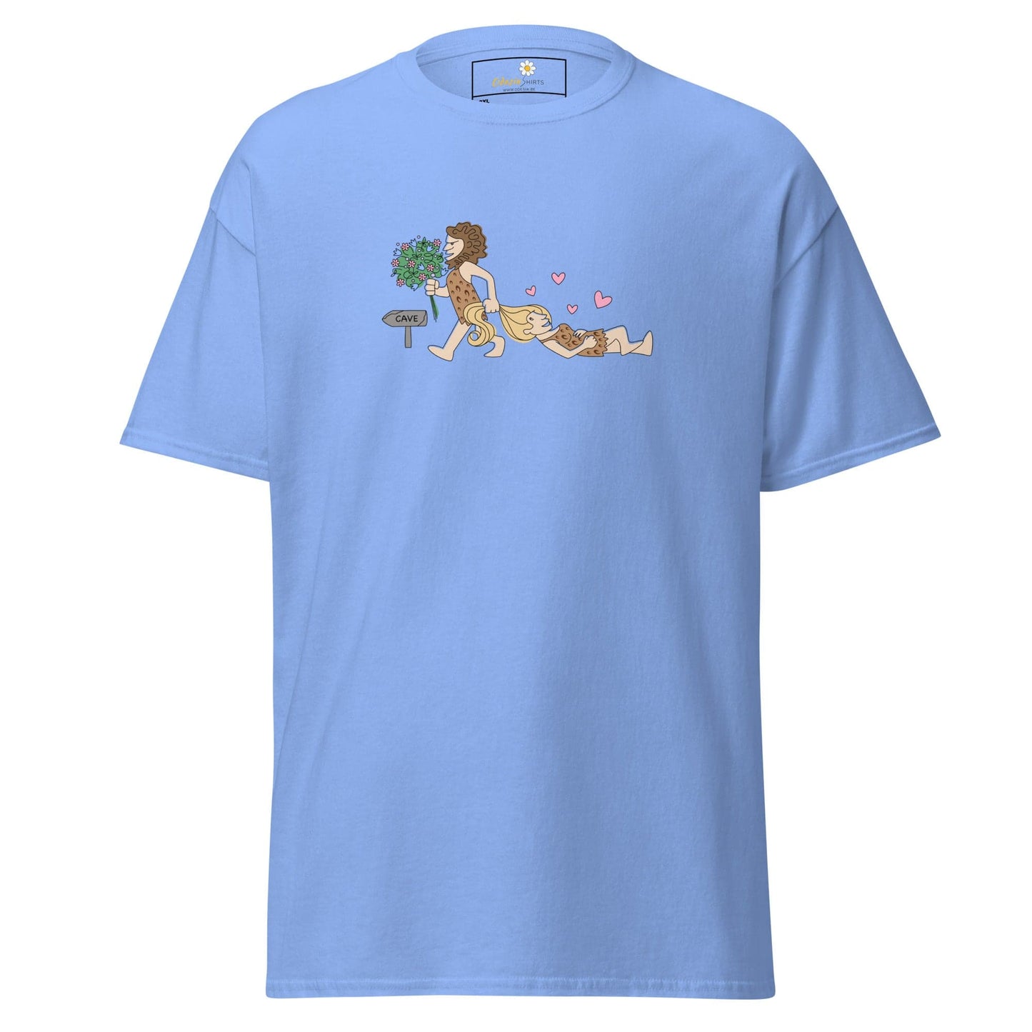 Light blue T-shirt featuring caveman graphic for men and women in 2XL to 5XL sizes
