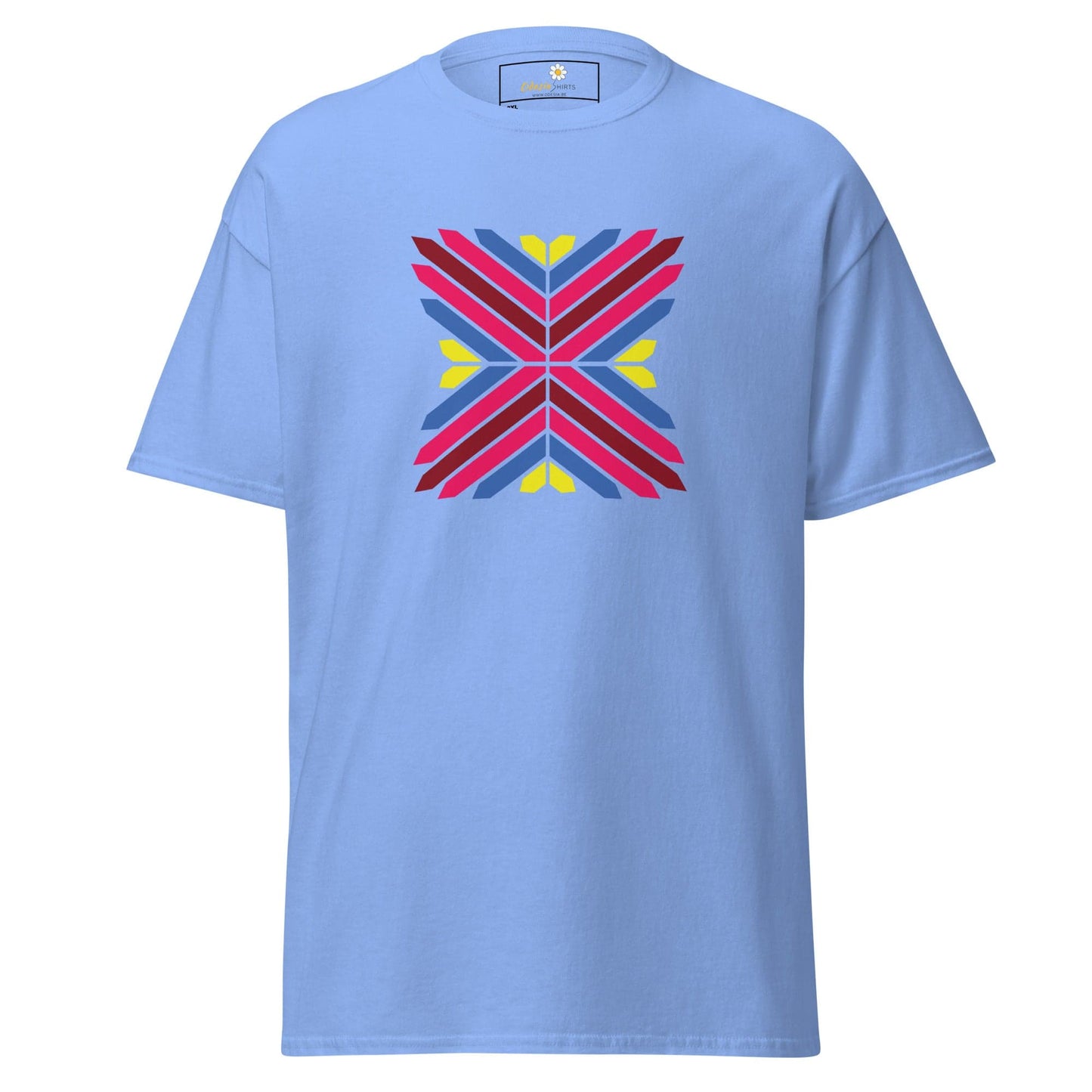 Light blue men’s and women’s T-shirt with colorful geometric design in 2XL to 5XL sizes