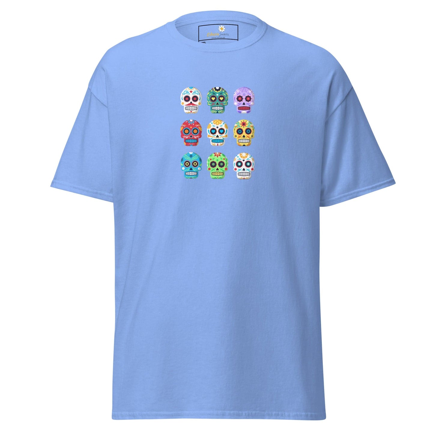 Light blue T-shirt with colorful sugar skull design for men and women in 2XL to 5XL
