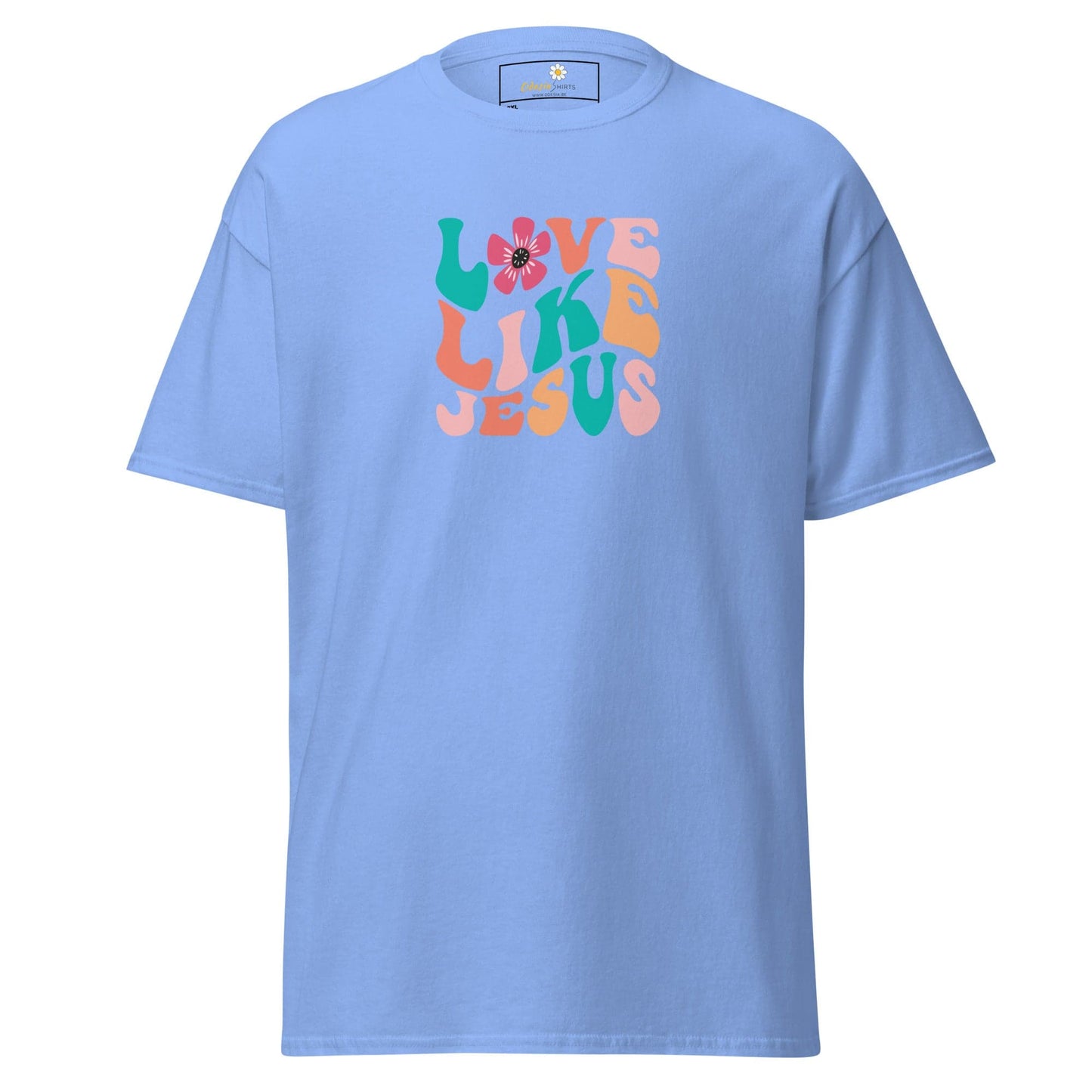 Light blue T-shirt with Love Like Jesus graphic in design for men and women sizes 2XL to 5XL