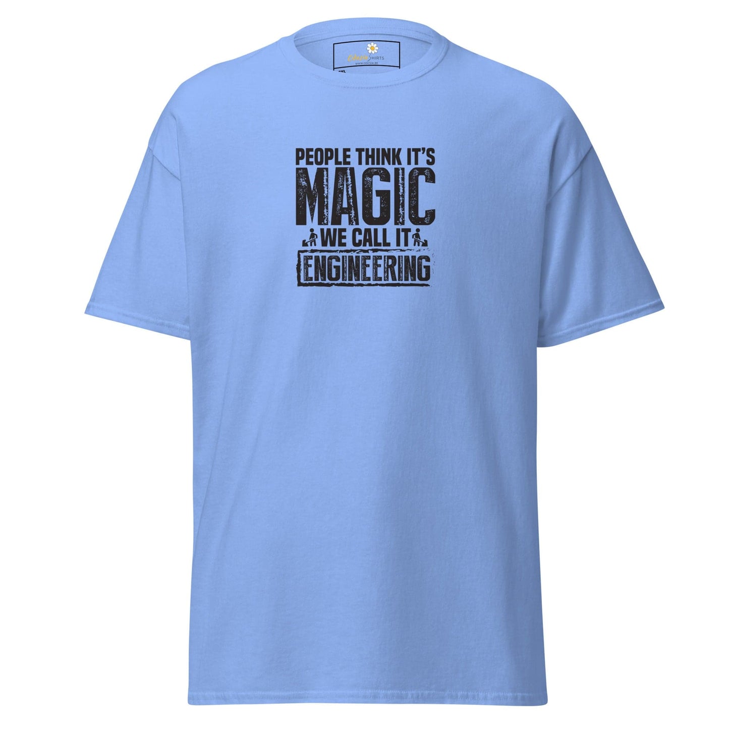 Light blue t-shirt with engineering slogan.