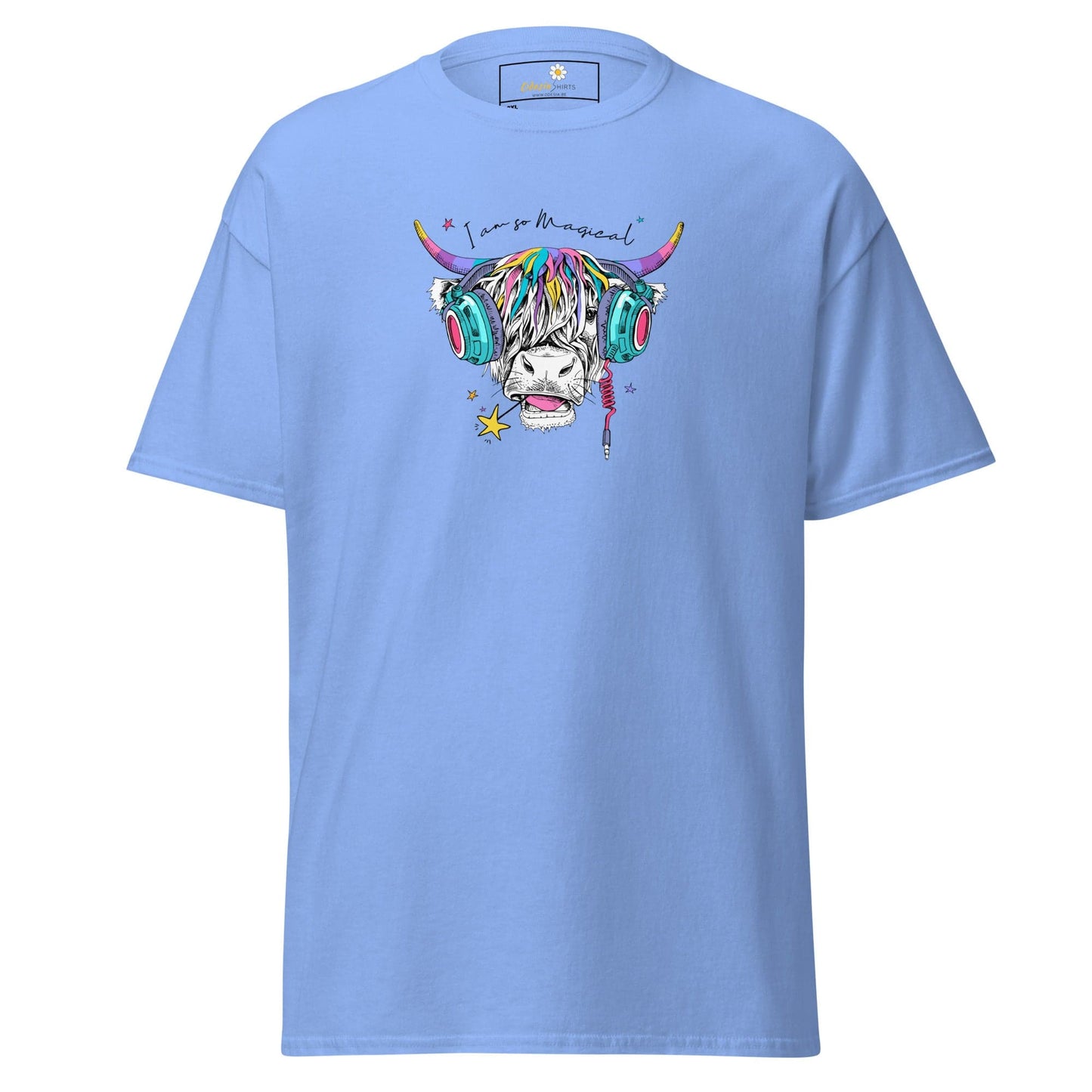 Light blue t-shirt with a colorful cow graphic.