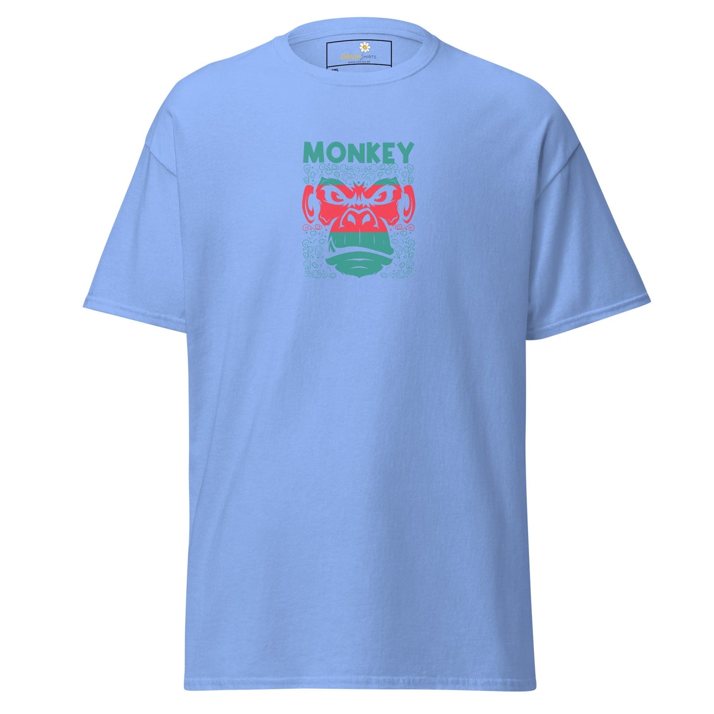 Light blue men’s or women’s T-shirt with monkey graphic in 2XL to 5XL sizes