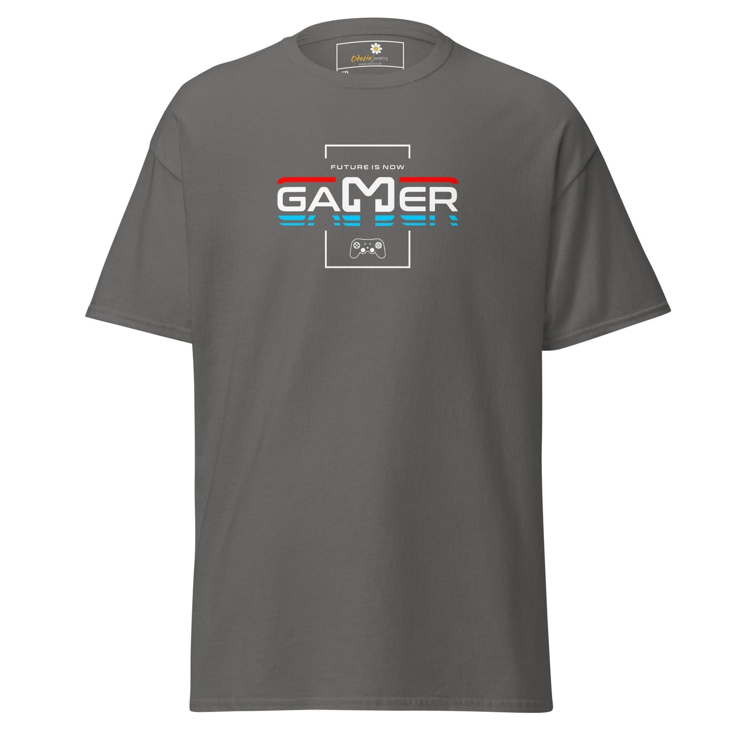 Gray t-shirt with ’Gamer’ graphic.