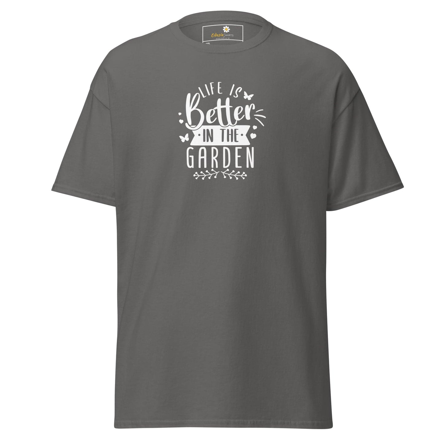 Gray t-shirt with garden-themed graphic.