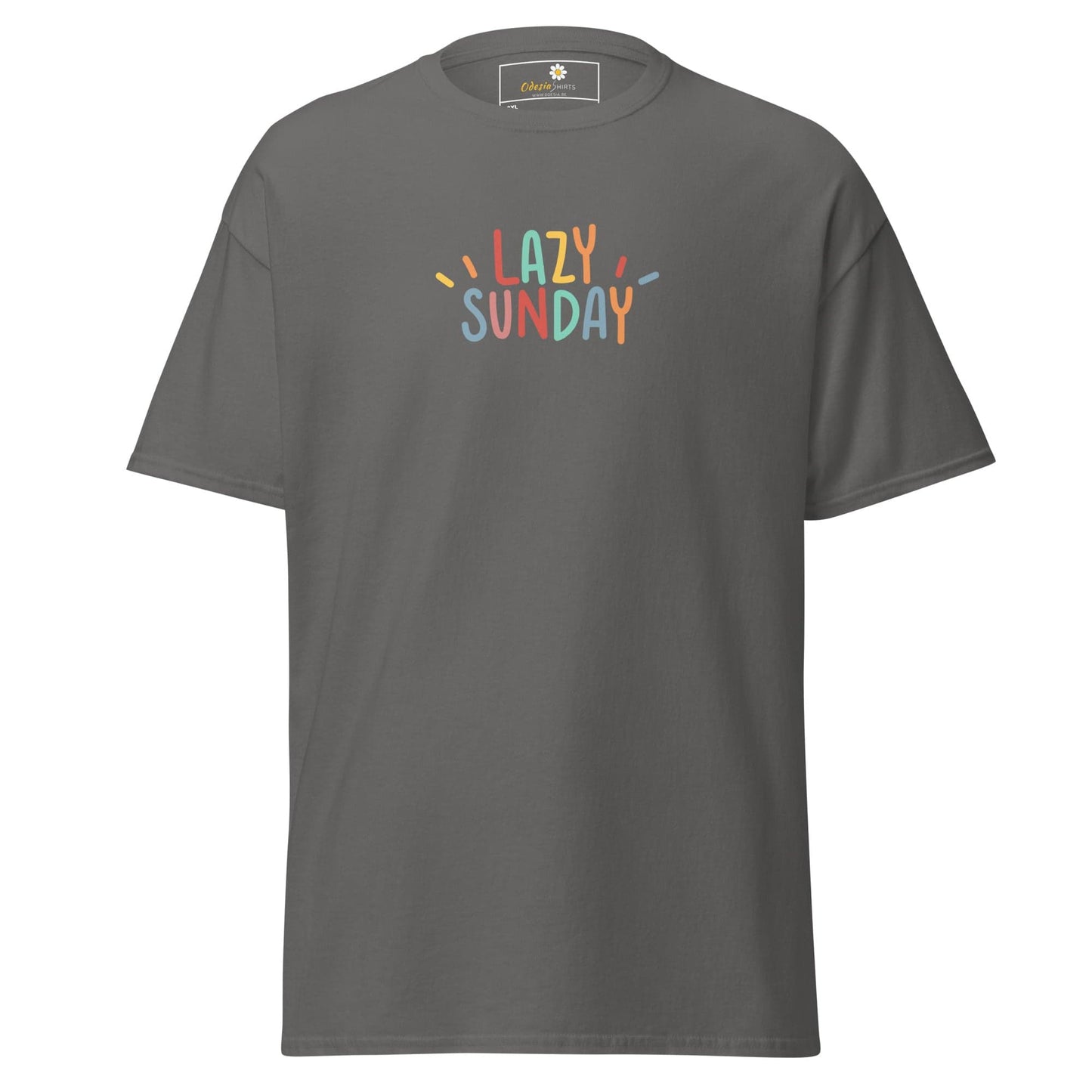 Gray t-shirt with ’Lazy Sunday’ text.