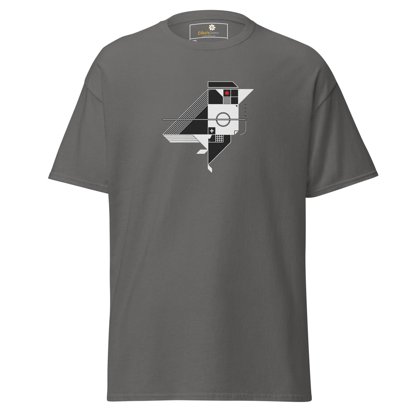 Gray t-shirt with geometric bird design.
