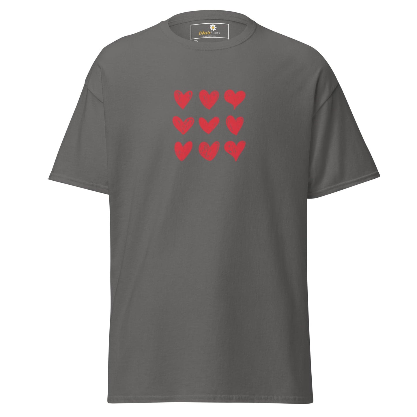 Gray t-shirt with red hearts.