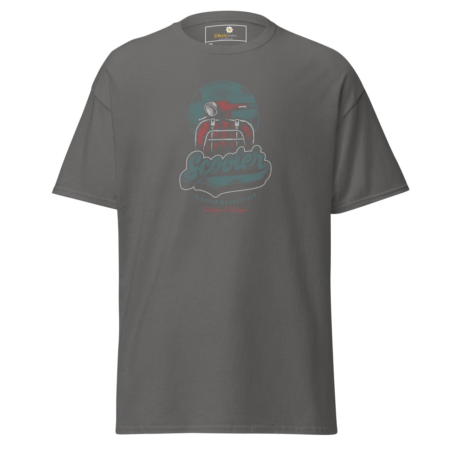 Gray t-shirt with scooter graphic.