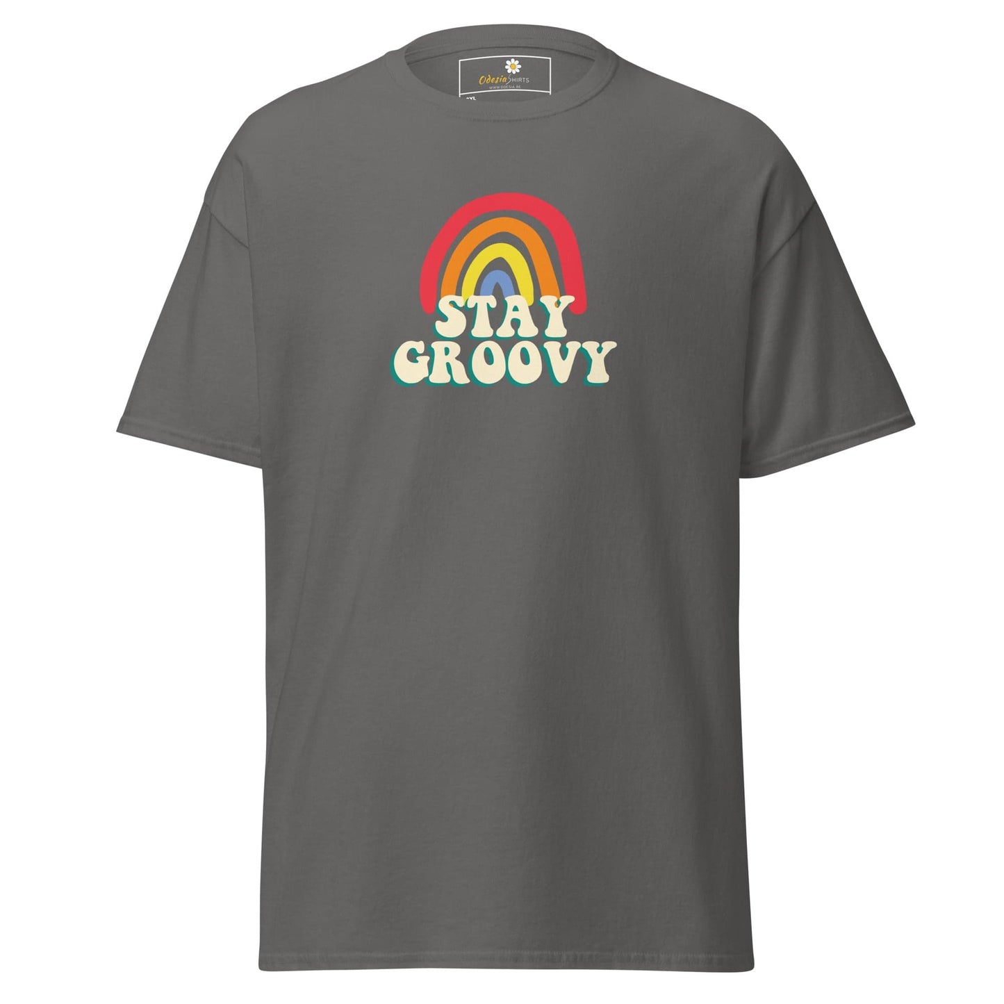 Gray t-shirt with rainbow and ’Stay Groovy’ text.