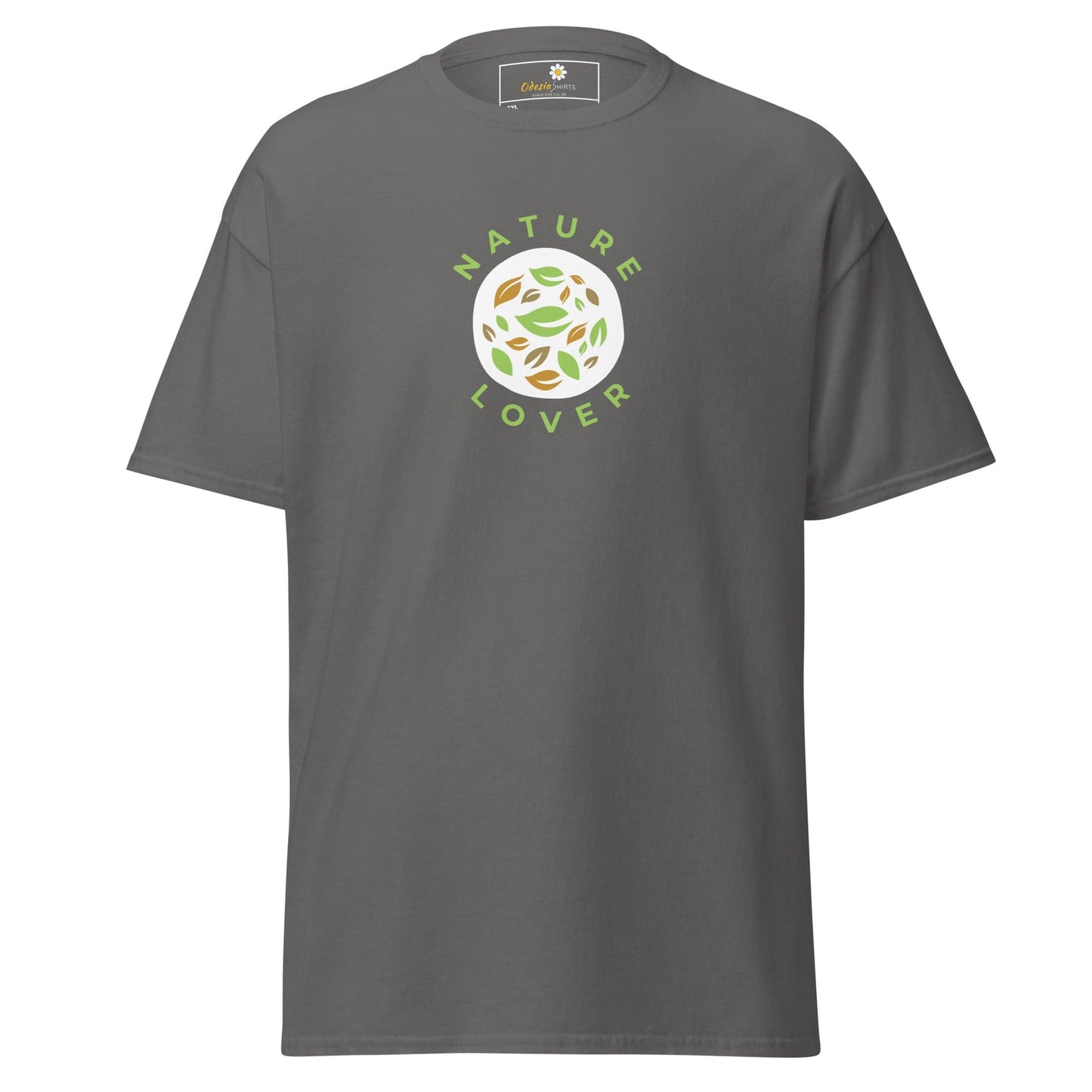 Gray t-shirt with nature-themed graphic.