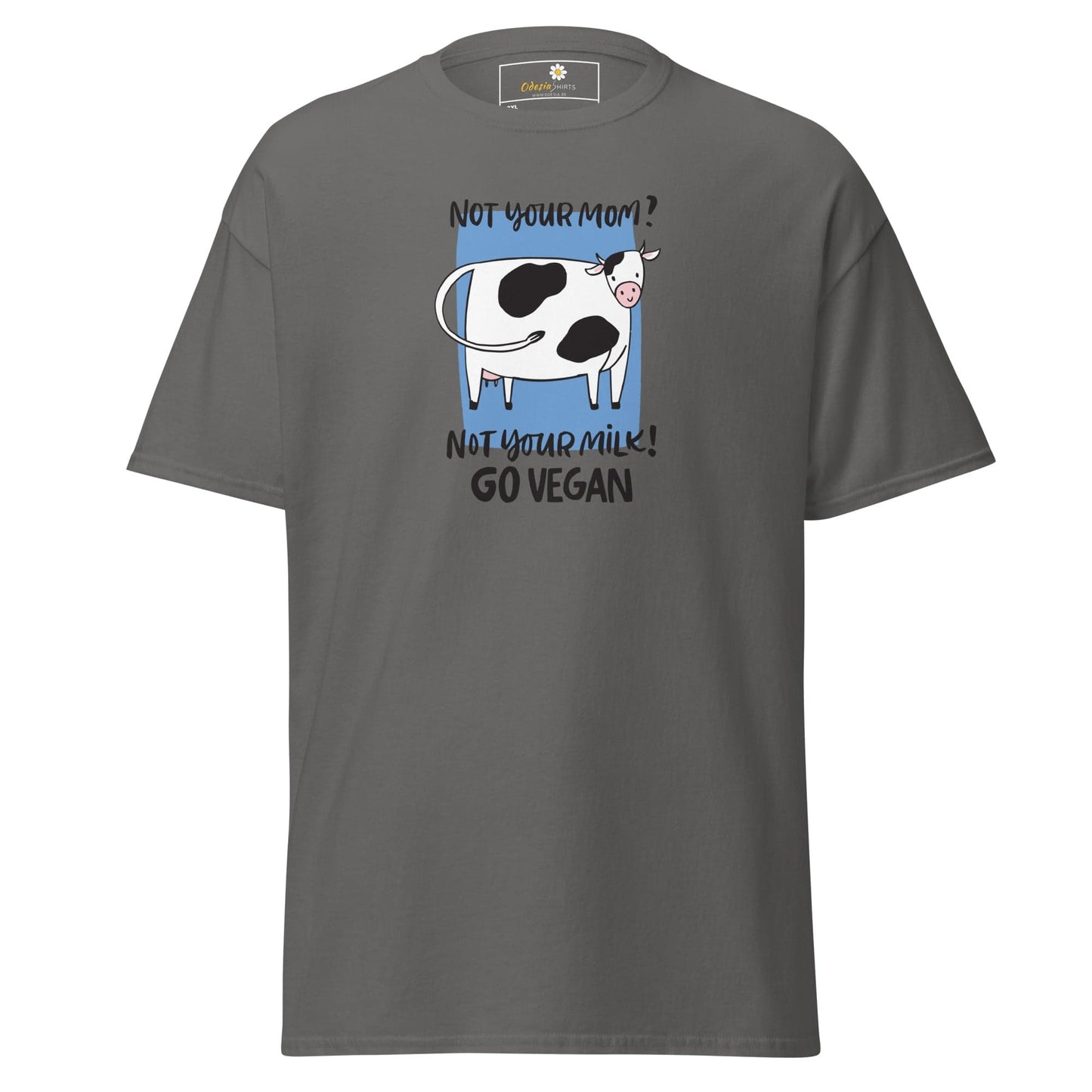 Gray t-shirt with cow graphic.