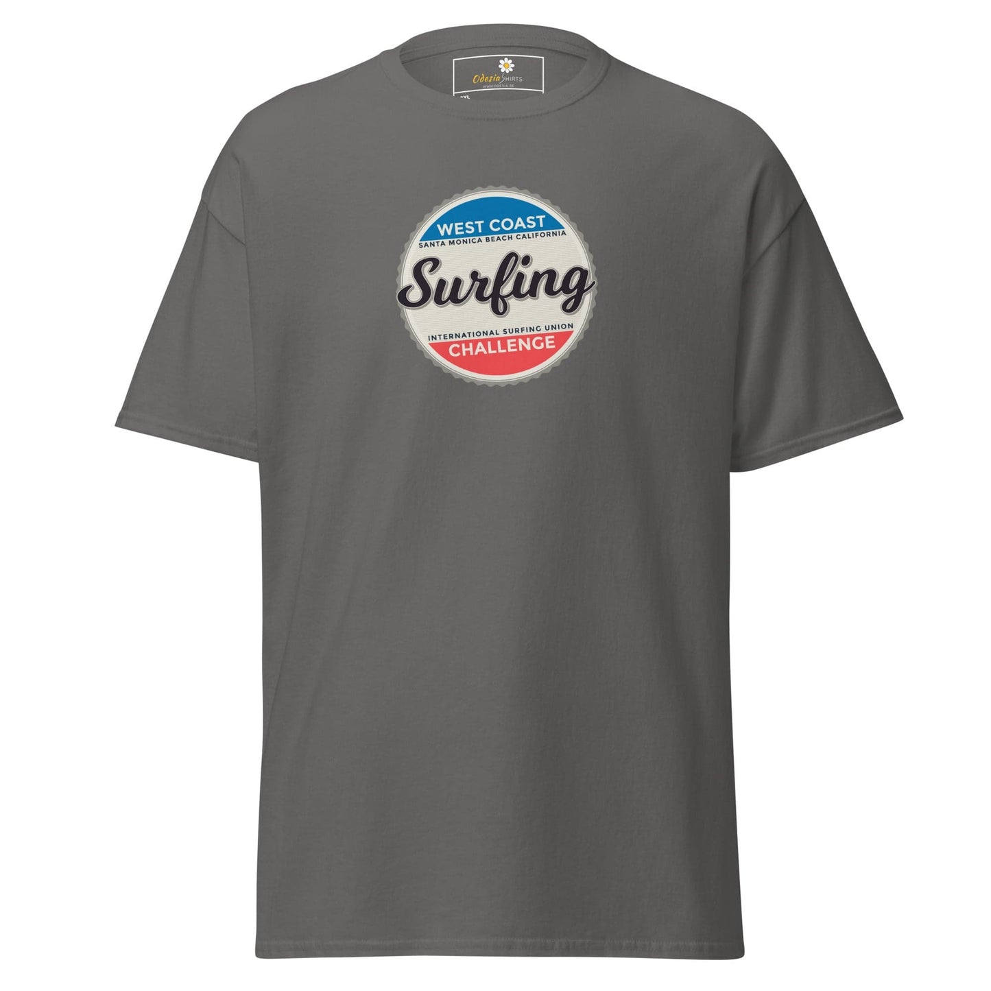 Gray t-shirt with surfing graphic.