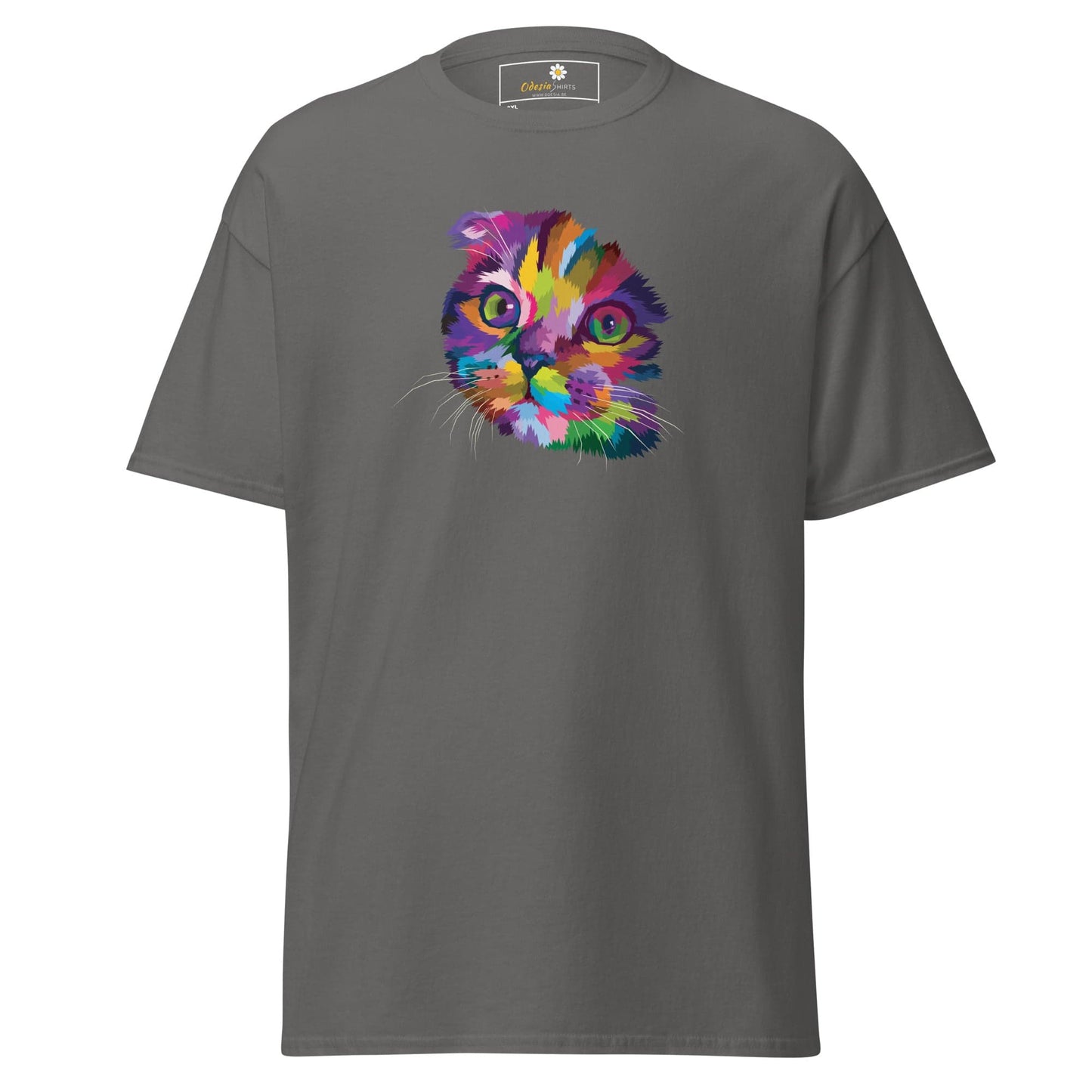Gray T-shirt with vibrant colorful cat graphic for men and women in 2XL to 5XL size