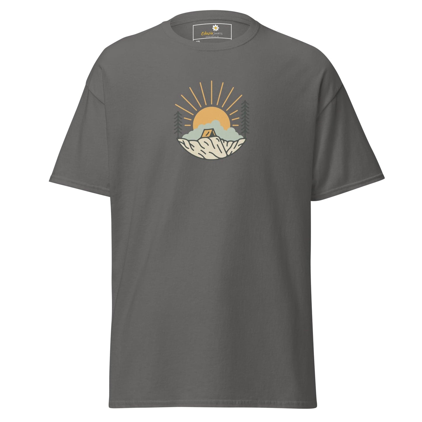 Gray t-shirt with camping graphic.
