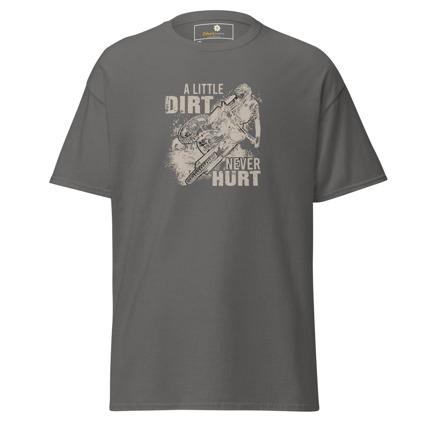 Gray t-shirt with motorcycle graphic.