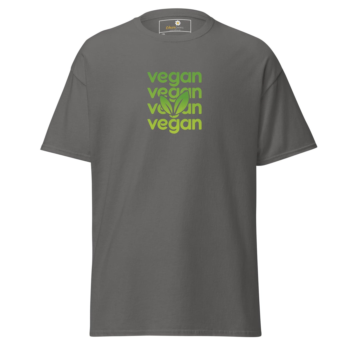 Gray T-shirt with vegan text, available in men’s and women’s sizes 2XL to 5XL
