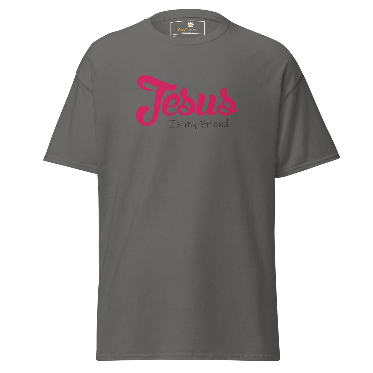 Gray t-shirt with pink text.