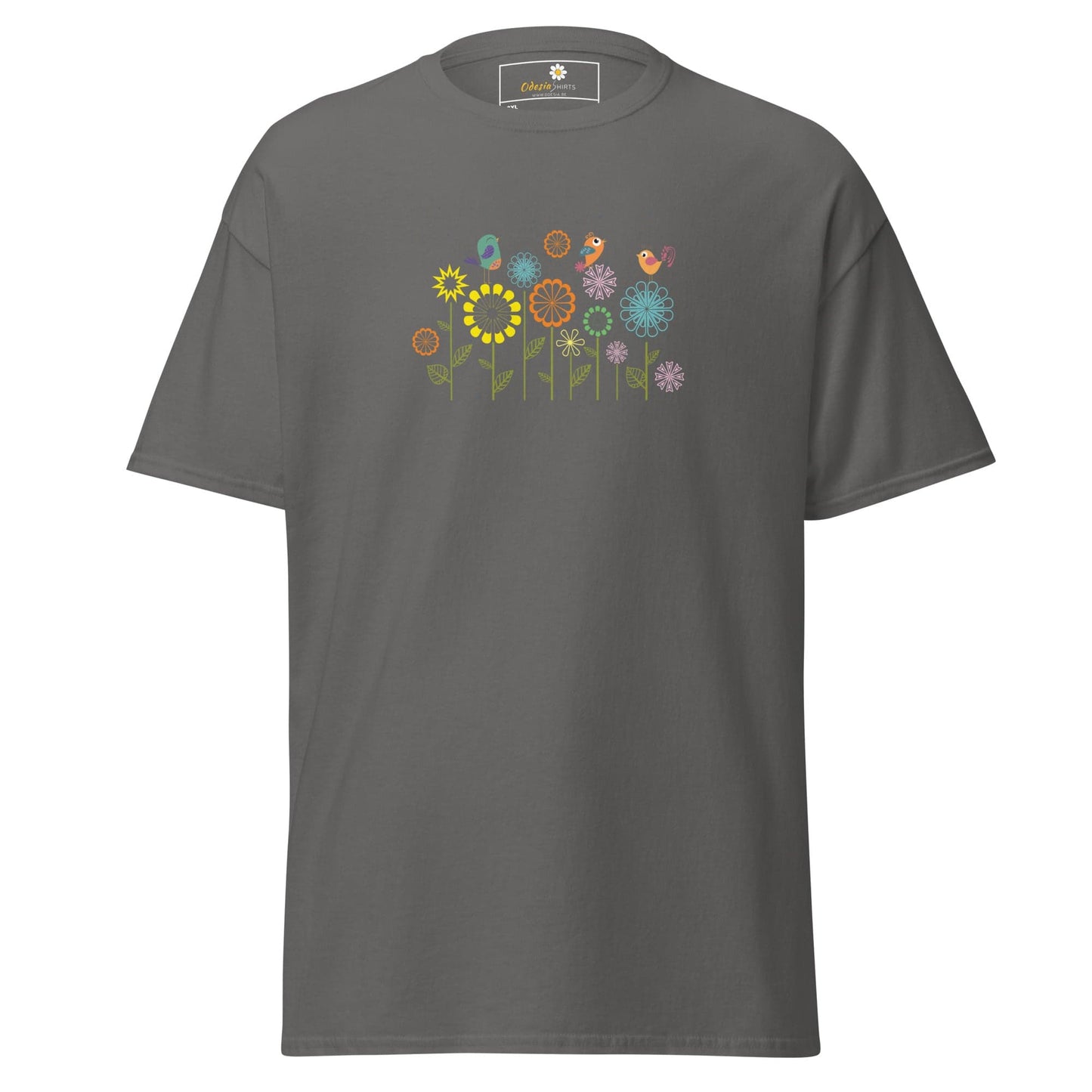 Gray t-shirt with floral and bird design.
