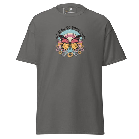 Gray t-shirt with butterfly and floral design.
