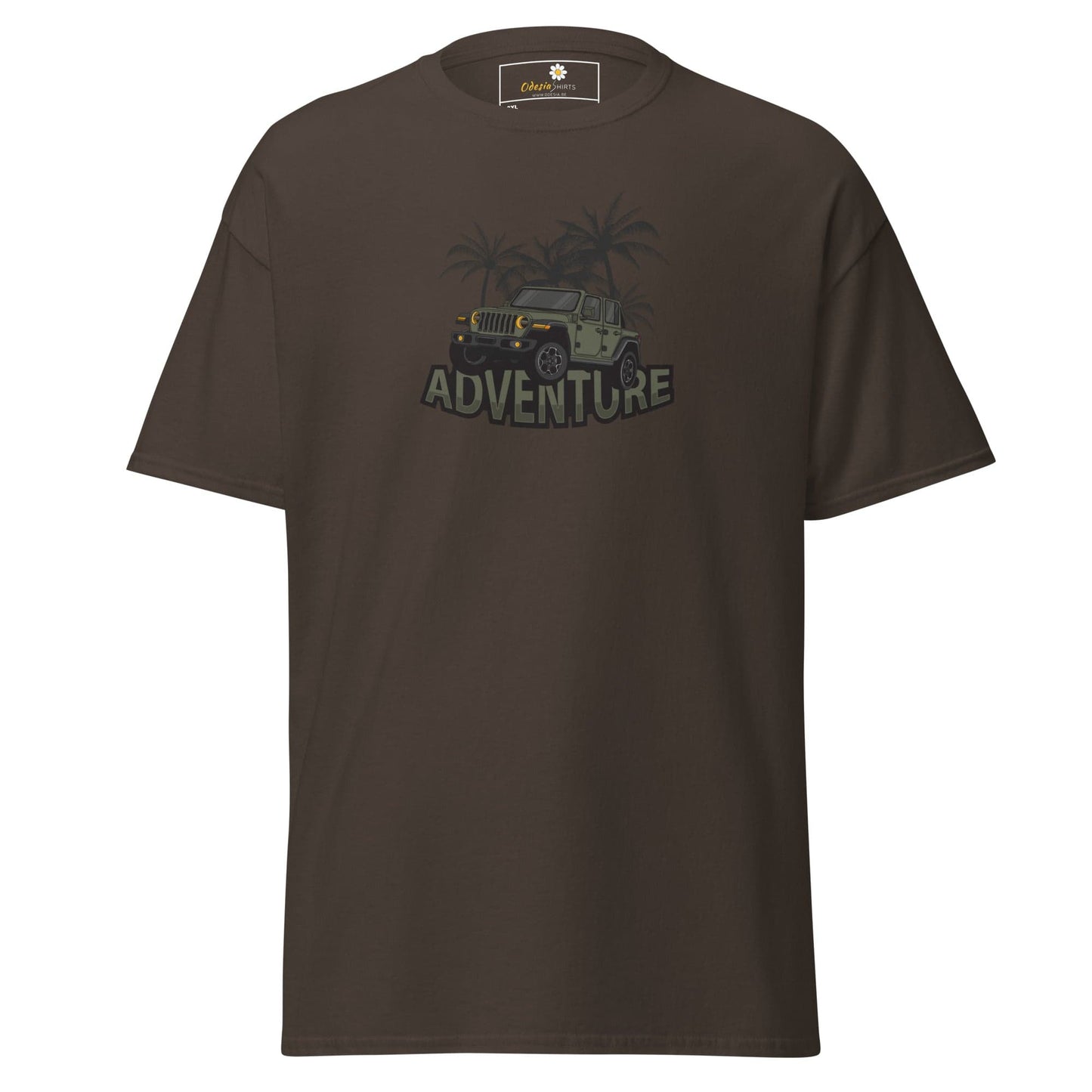 Brown t-shirt with adventure graphic for men and women in sizes 2XL to 5XL