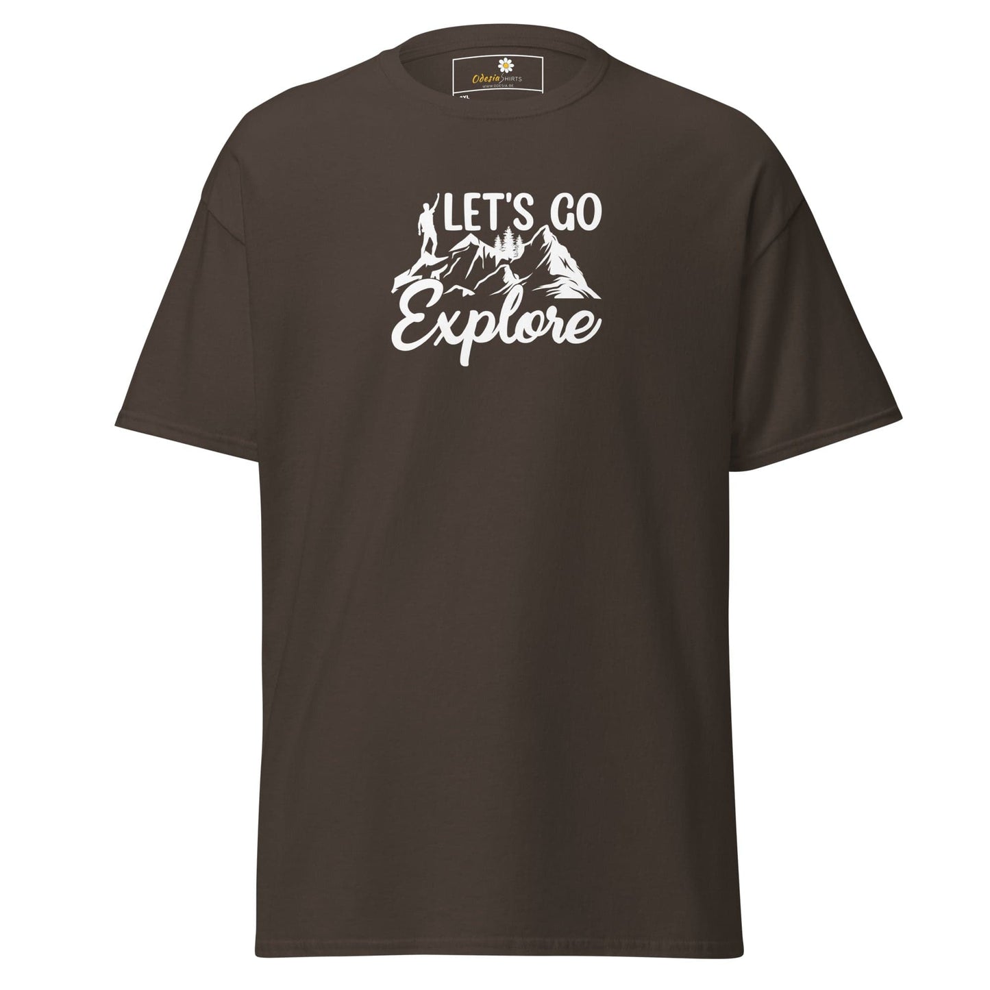 Brown t-shirt featuring Let’s Go Explore graphic from T- Shirt Design Tee for Men and Women