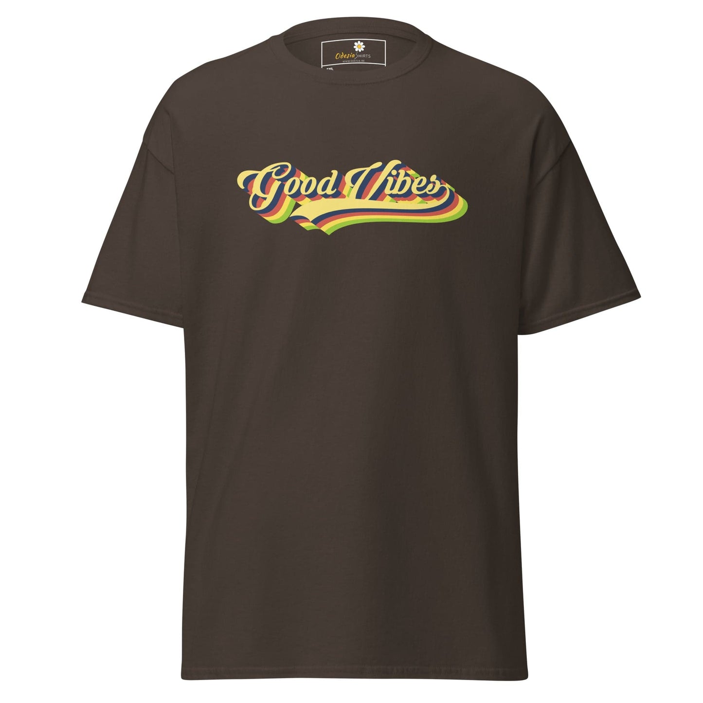 Brown t-shirt with ’Good Vibes’ graphic.