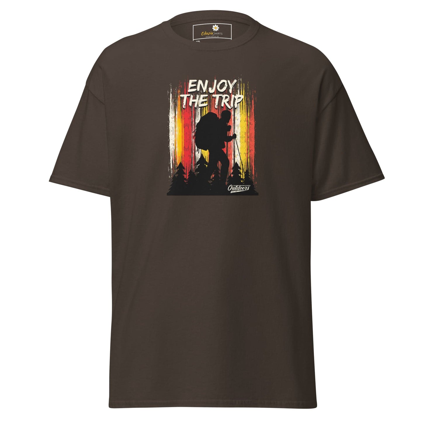 Brown t-shirt with hiker graphic.