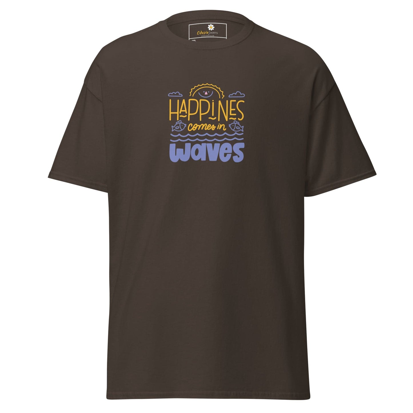 Brown T-shirt with Happiness Comes in Waves design for men and women in 2XL to 5XL sizes