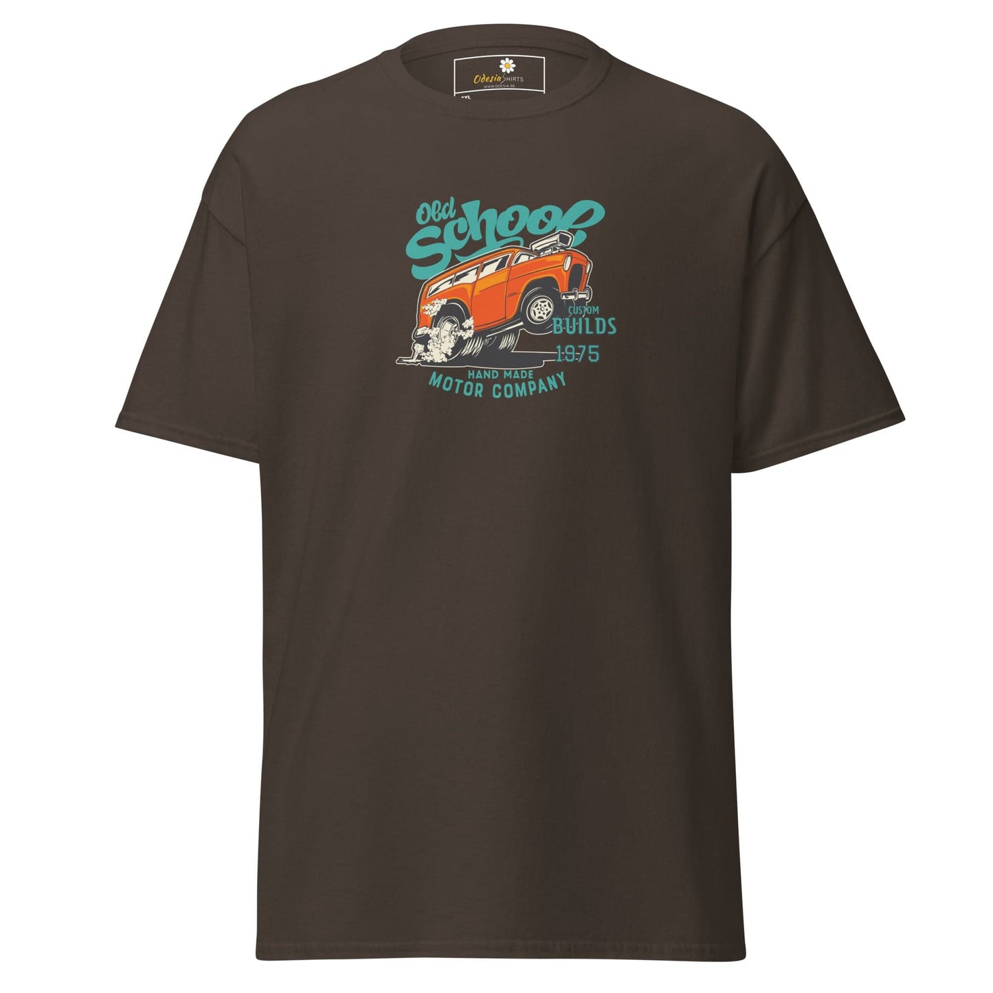 Brown t-shirt with car graphic.