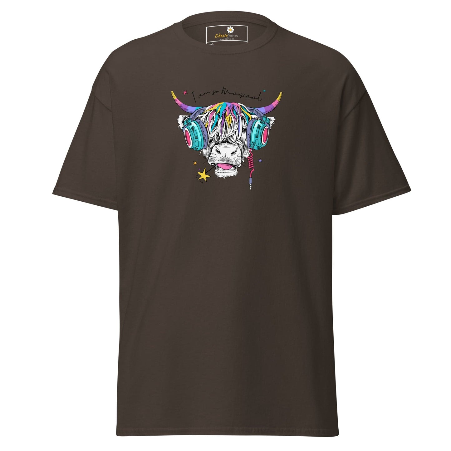 Brown t-shirt with colorful cow graphic.