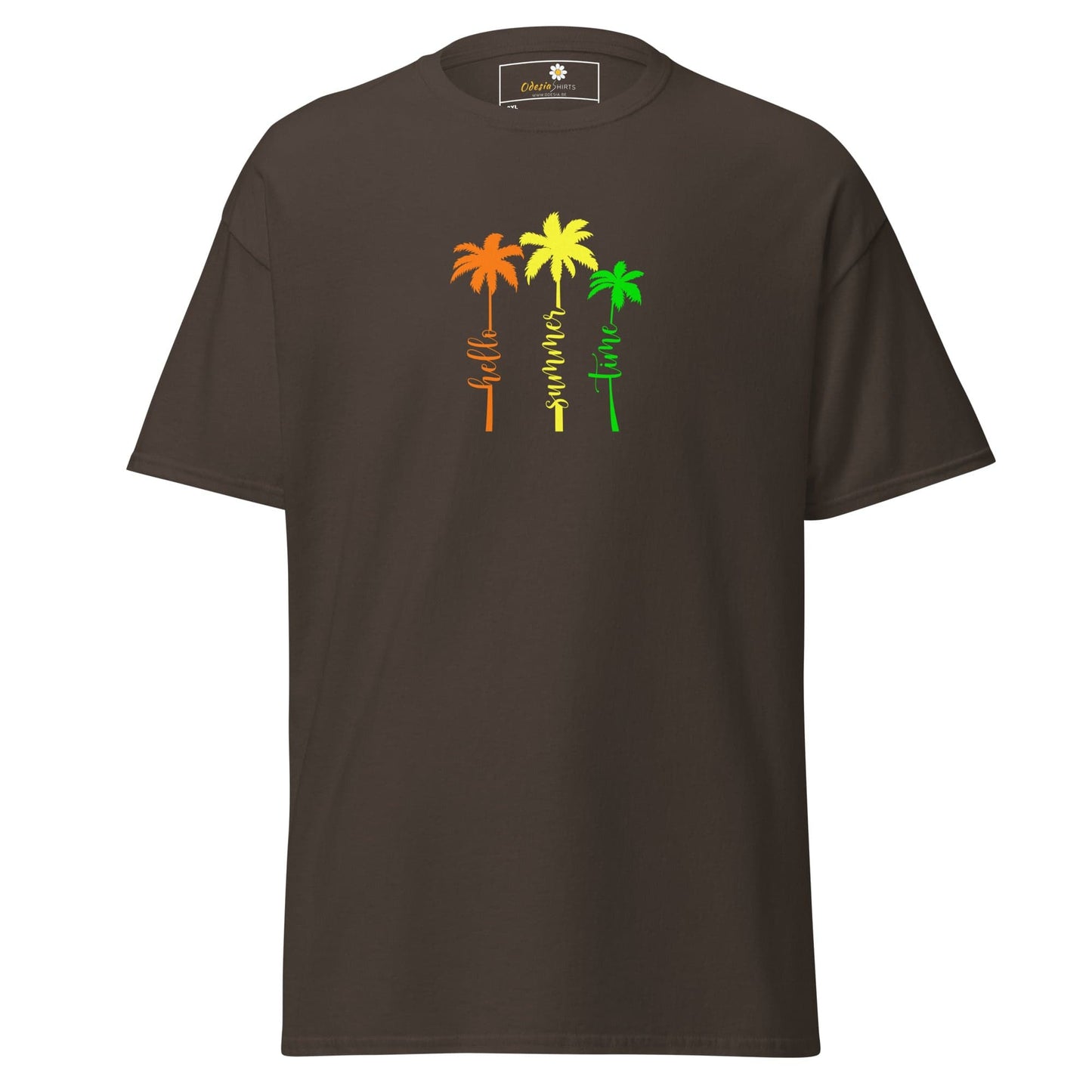 Brown t-shirt with colorful palm tree design.