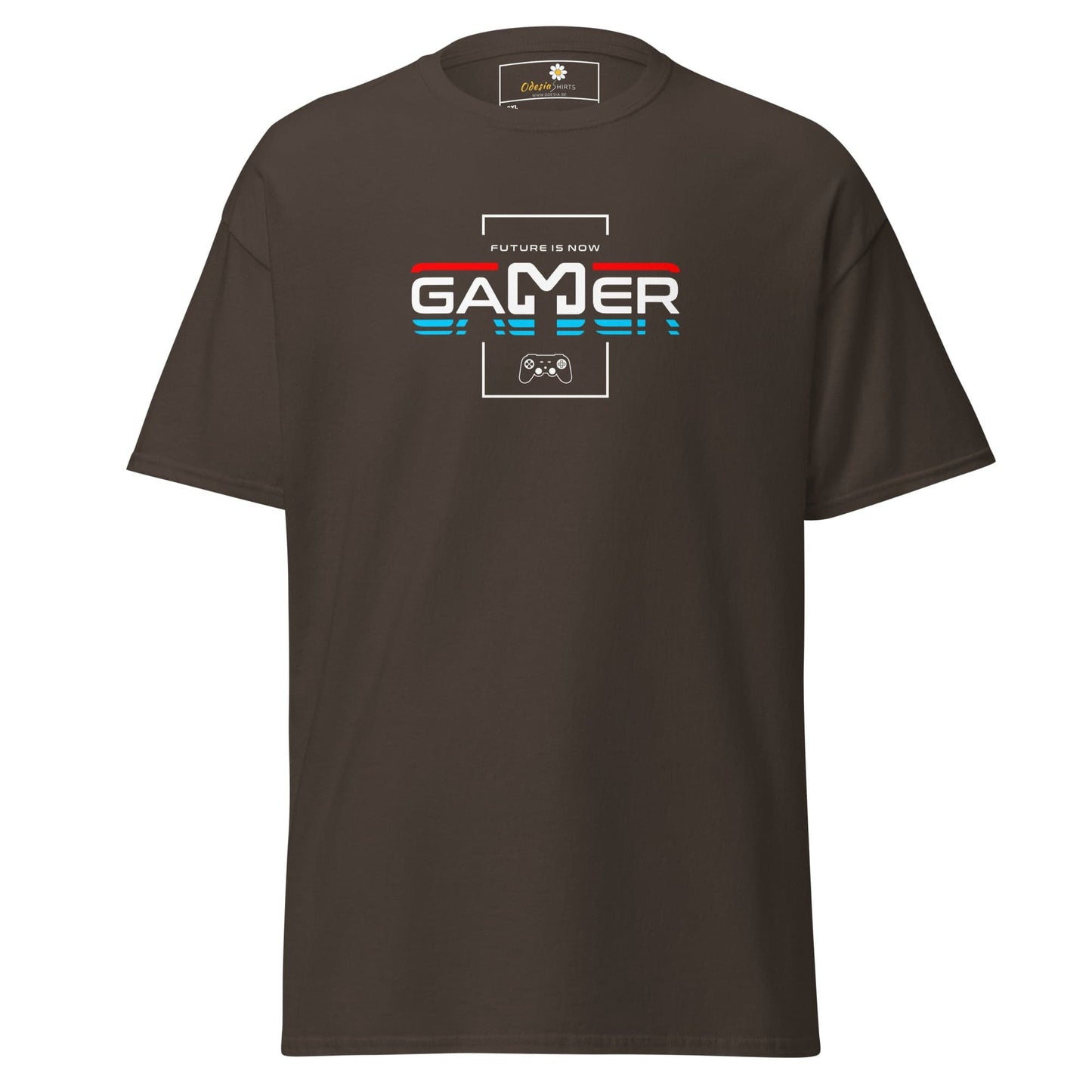 Brown t-shirt with ’Gamer’ design.