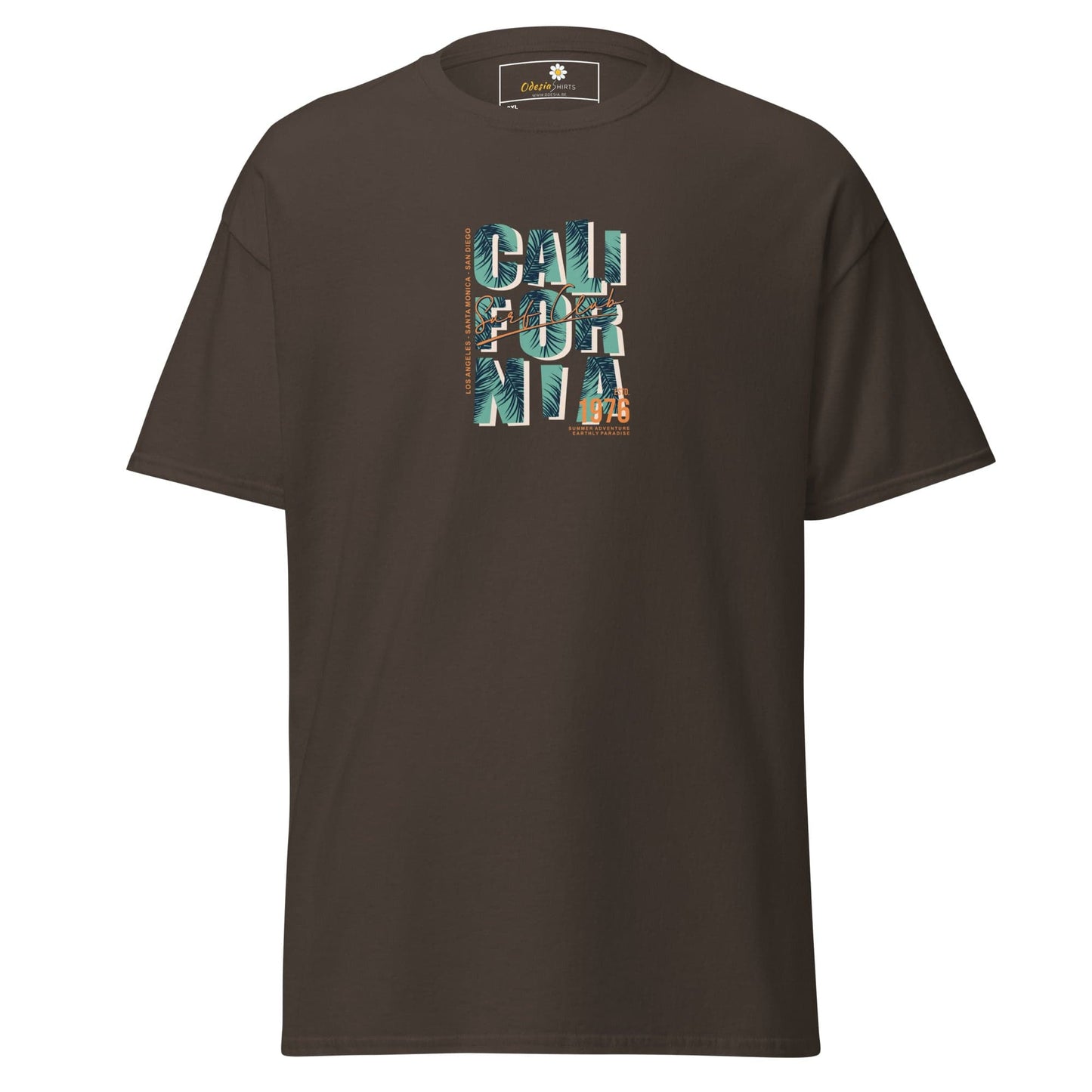 Brown t-shirt with ’California’ graphic.