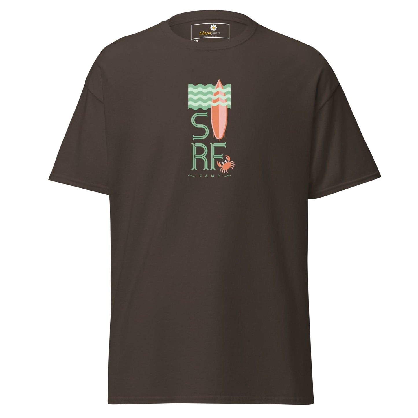Brown t-shirt with surf design.