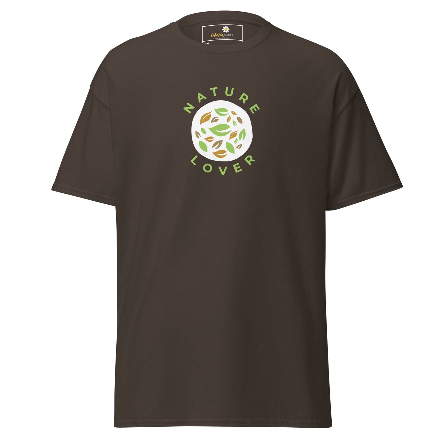 Brown t-shirt with nature-themed graphic.