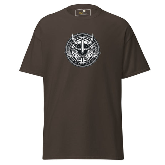 Brown t-shirt with Viking helmet graphic.